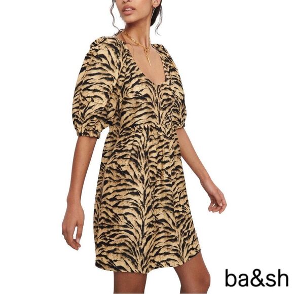 BA&SH **NWT** Zola Puff-sleeve Linen-blend Tiger Print Mini Dress - Picture 9 of 14
